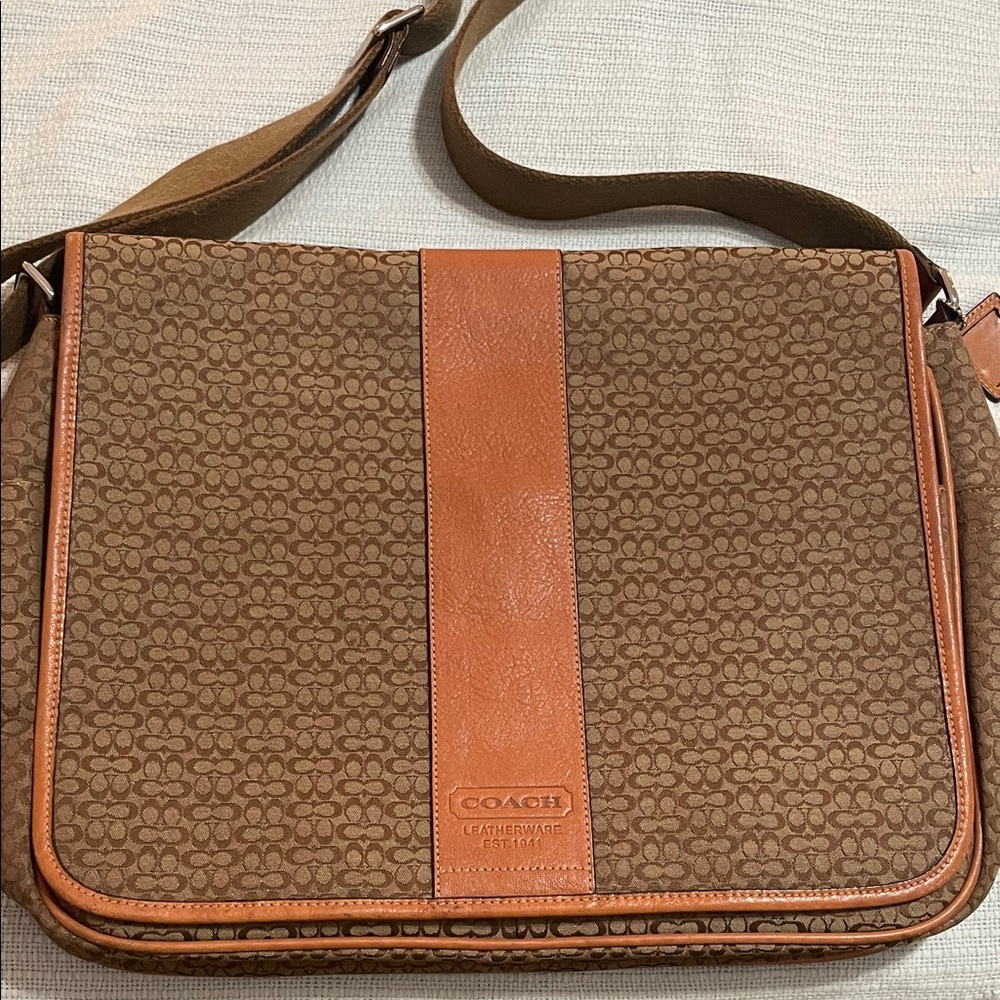 Coach Brown Signature Messenger Bag with Cognac Leather Center Stripe